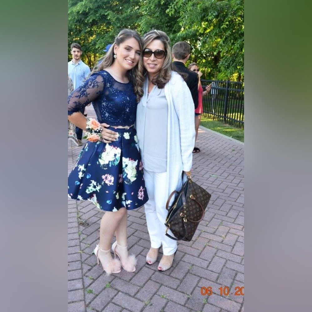 Prom or graduation 2 piece- Navy Sequin Top and Floral Skirt Set with peplum - Picture 8 of 12